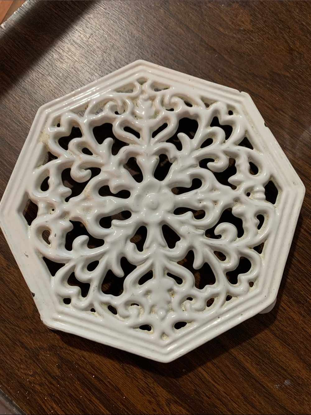 Octagonal White Enamel Cast Iron Trivet with Cutout Floral Motif